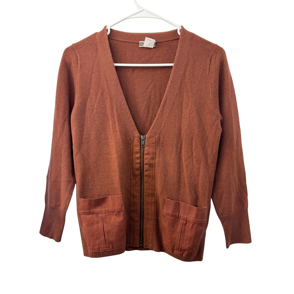 J. Crew Women Small 100% Cashmere Full Zip Cardigan Sweater Rust Orange V-Neck